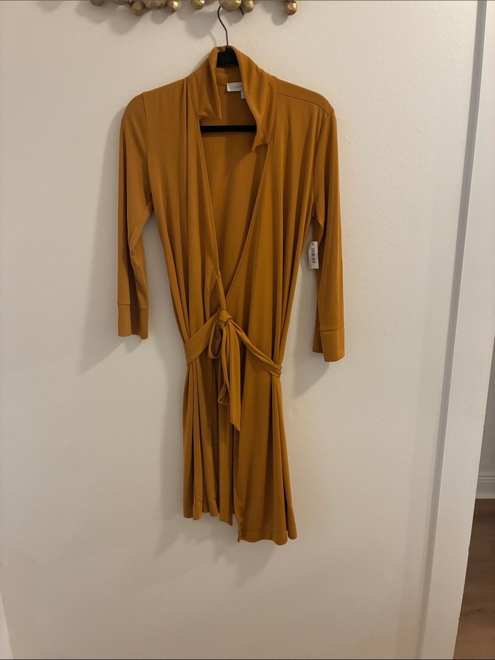 Lark & Ro Mustard Wrap Knee Length Dress
